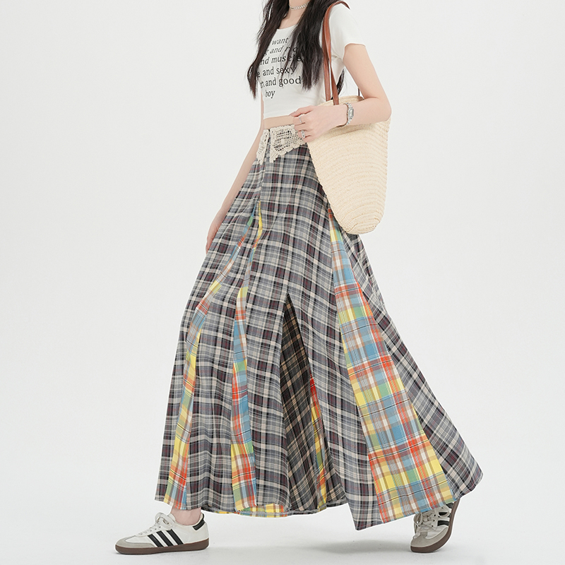 Plaid high waist long skirt splice skirt for women