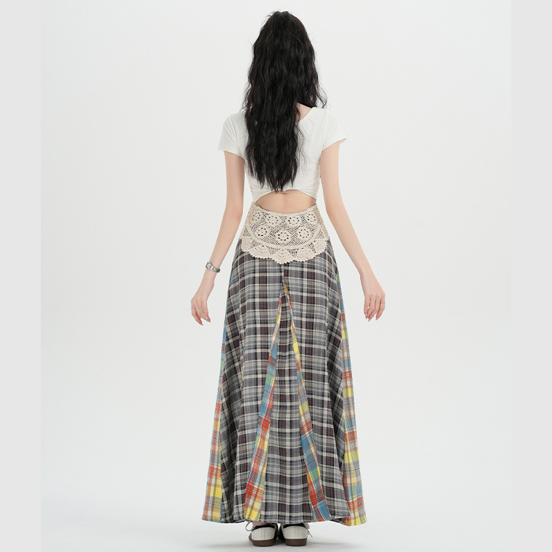 Plaid high waist long skirt splice skirt for women