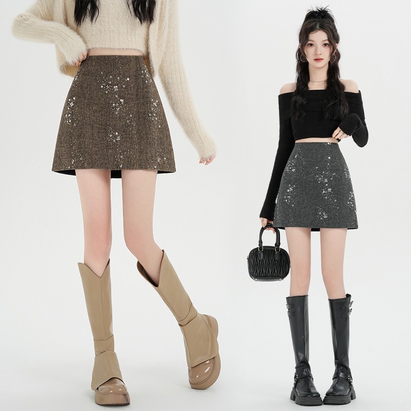 Woolen A-line short skirt slim gray short skirt for women