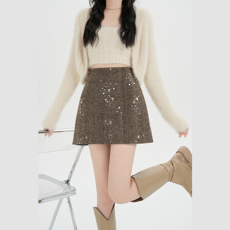 Woolen A-line short skirt slim gray short skirt for women
