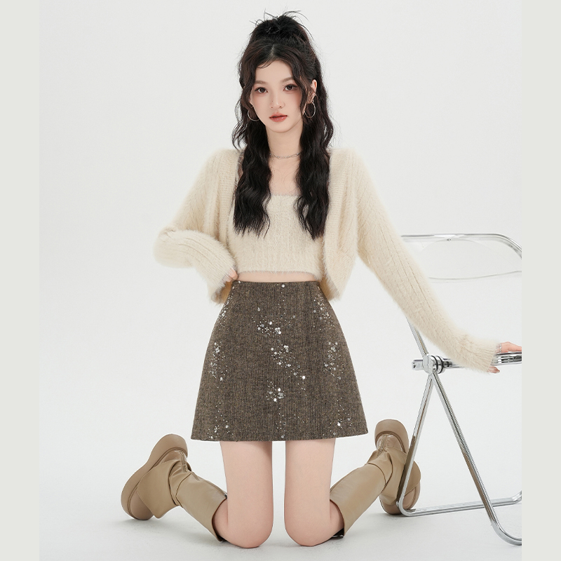 Woolen A-line short skirt slim gray short skirt for women