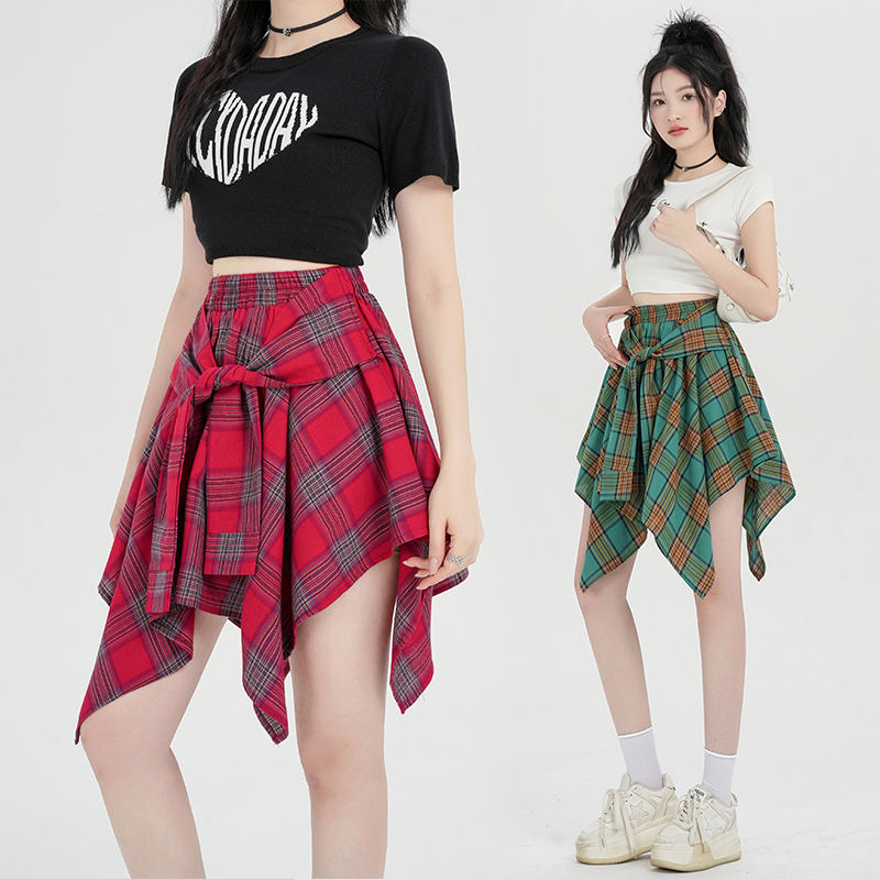 Korean style A-line short skirt plaid skirt for women
