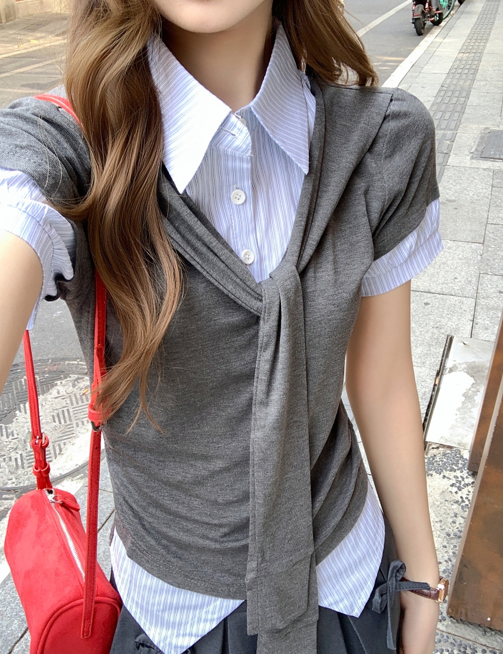 Pseudo-two splice T-shirt Korean style tops for women