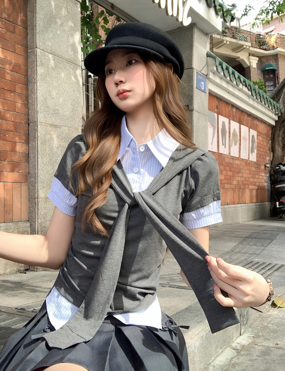 Pseudo-two splice T-shirt Korean style tops for women