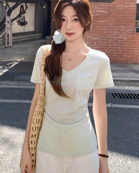 All-match pinched waist T-shirt pocket tops for women