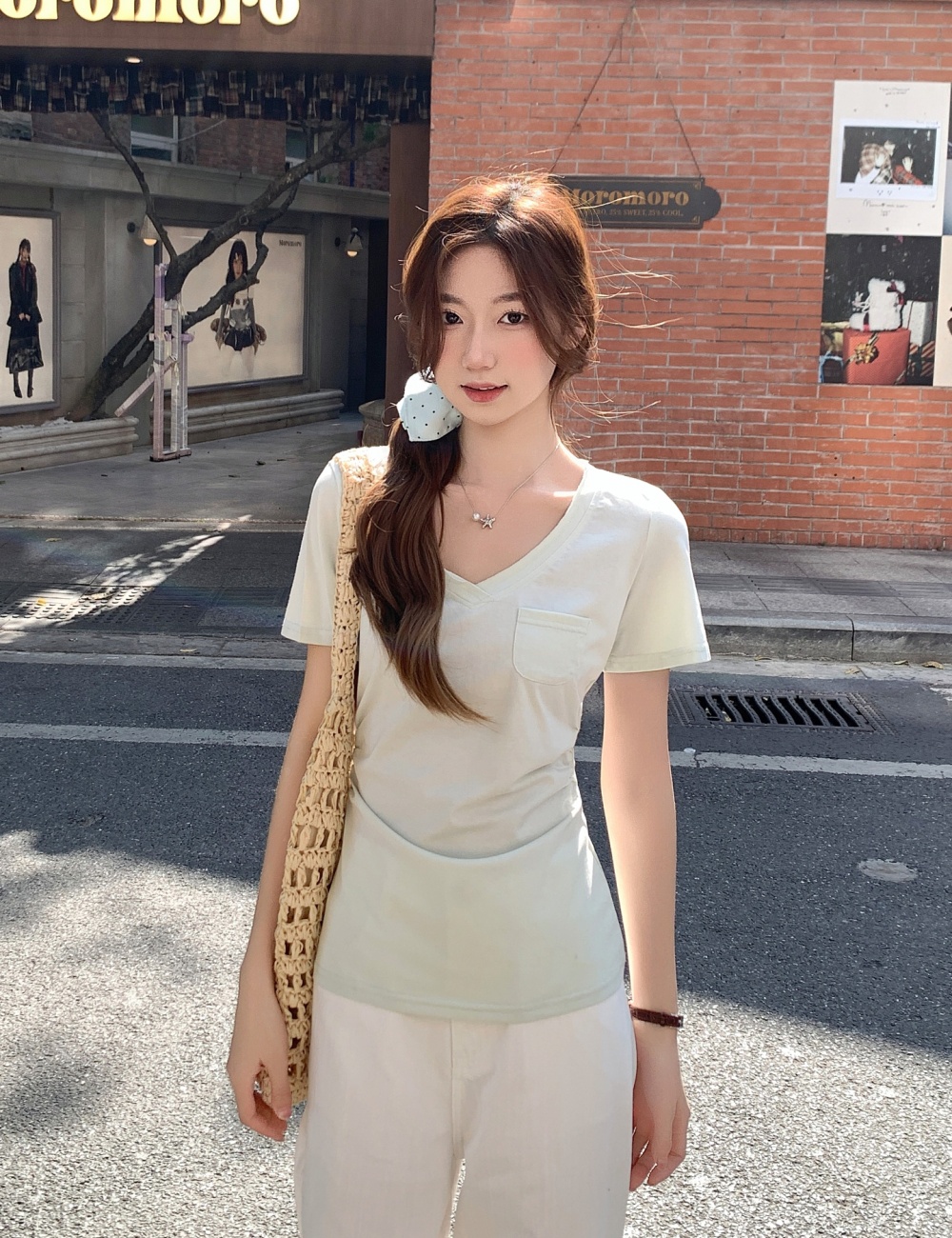 All-match pinched waist T-shirt pocket tops for women