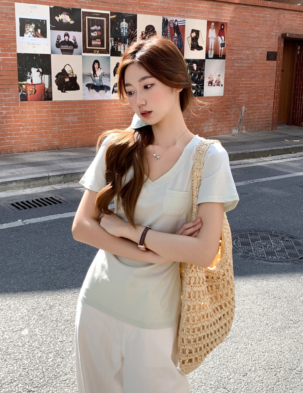 All-match pinched waist T-shirt pocket tops for women