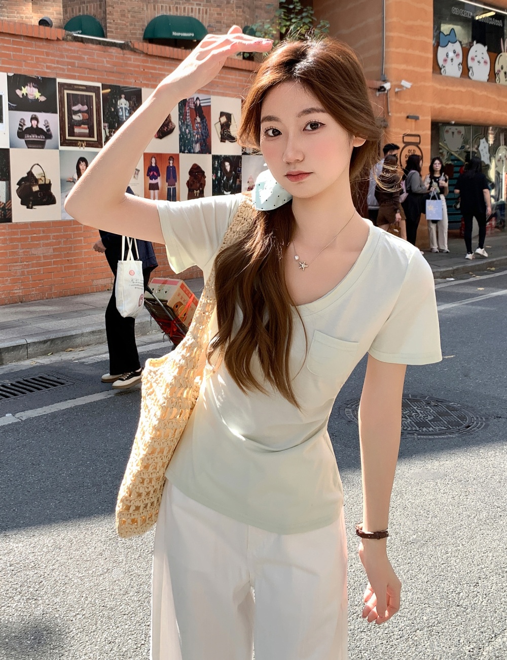 All-match pinched waist T-shirt pocket tops for women