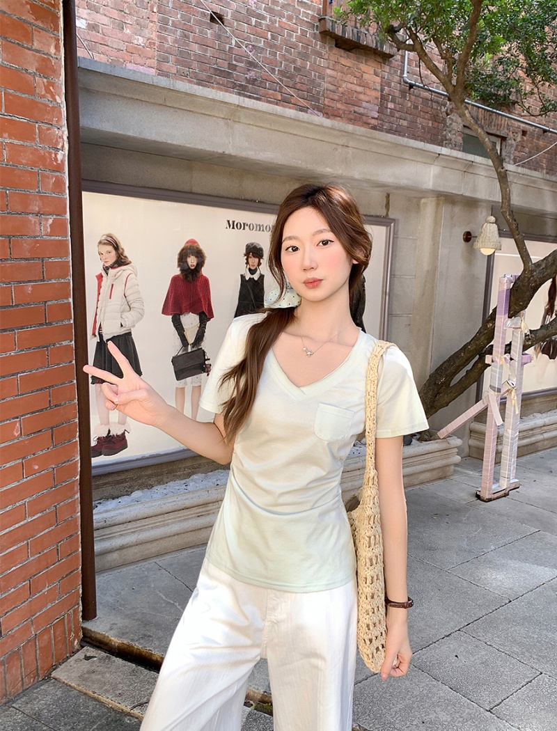 All-match pinched waist T-shirt pocket tops for women