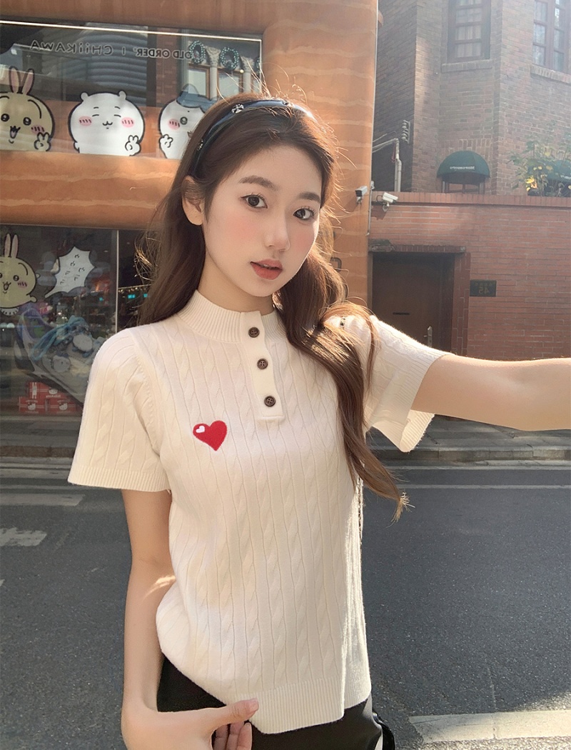 Red embroidery spring tops slim heart bottoming shirt