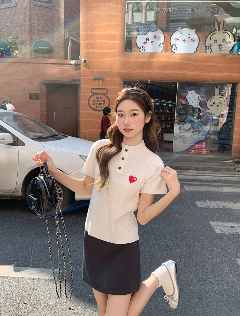 Red embroidery spring tops slim heart bottoming shirt