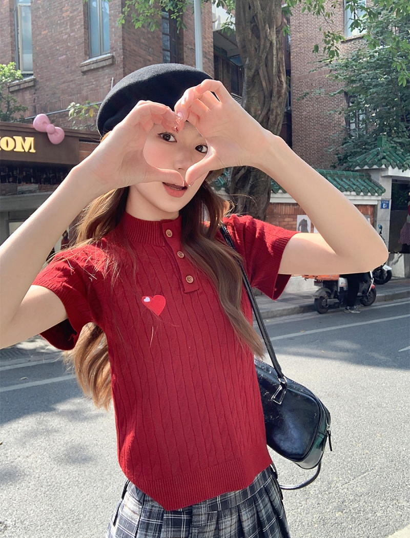 Red embroidery spring tops slim heart bottoming shirt