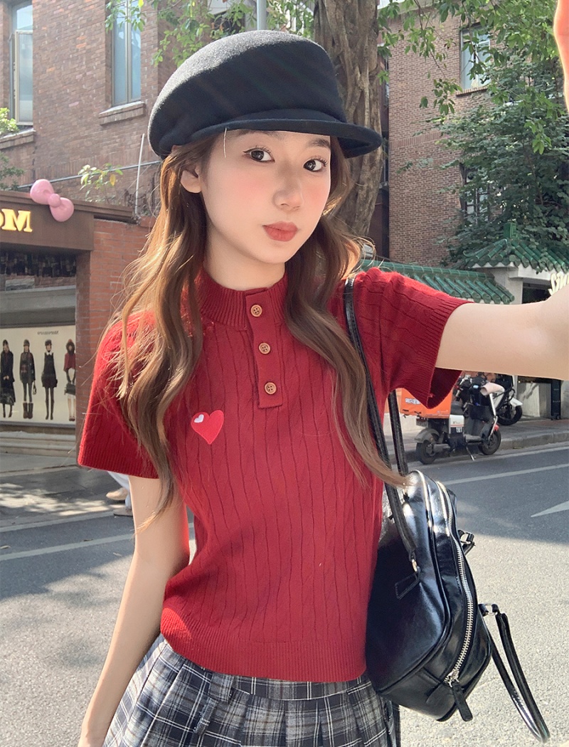 Red embroidery spring tops slim heart bottoming shirt