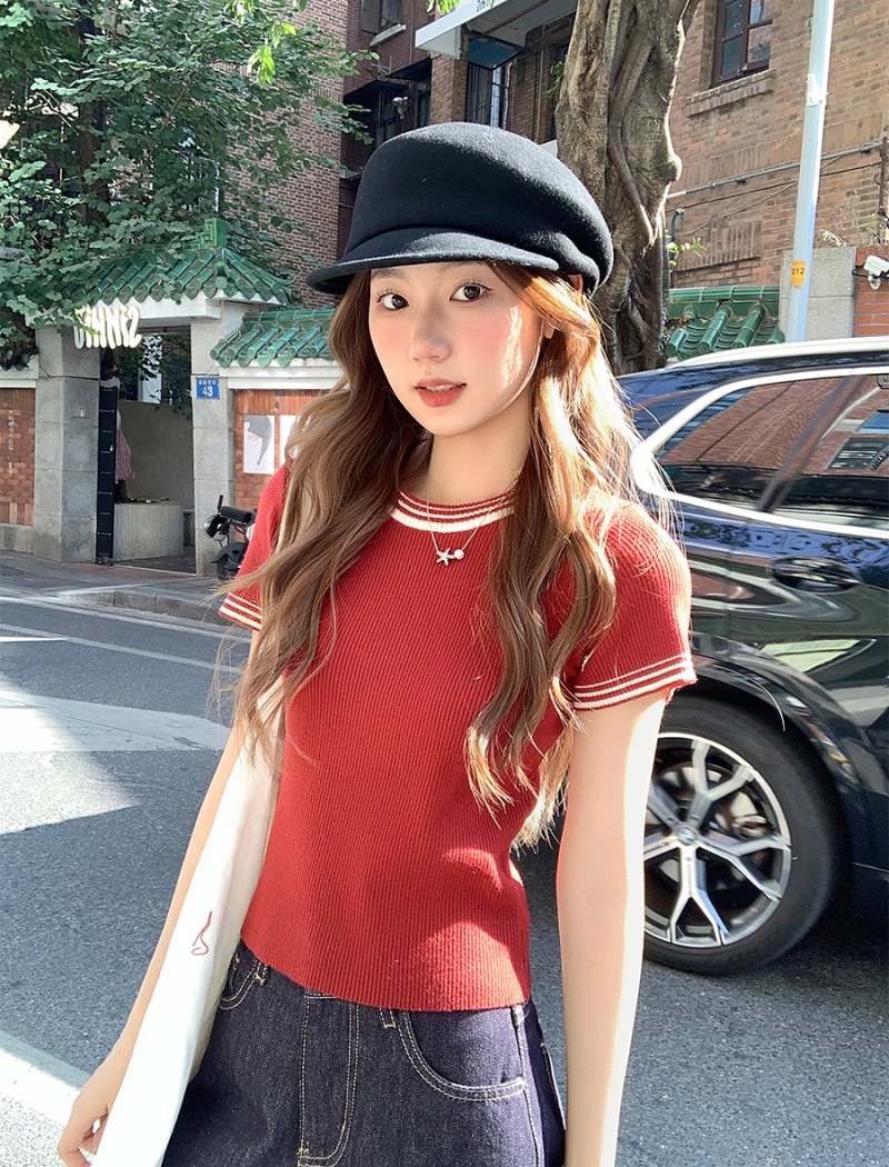 Round neck short tops spring all-match sweater