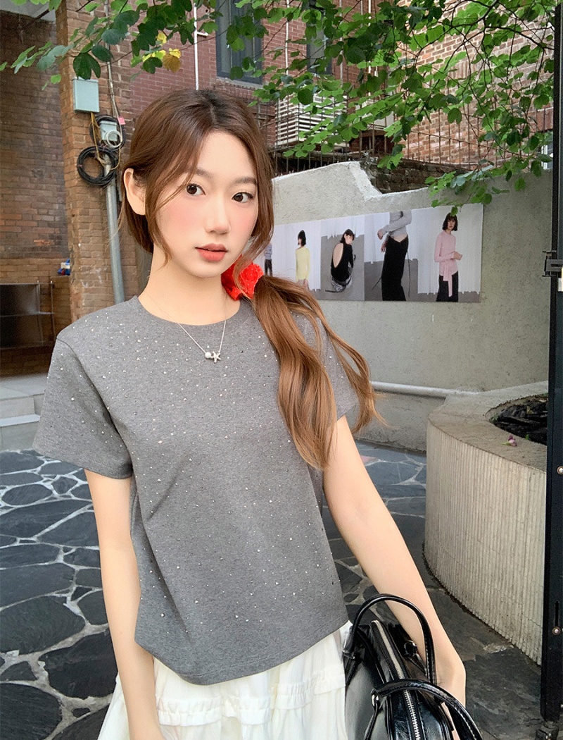 Slim short round neck tops all-match rhinestone T-shirt for women