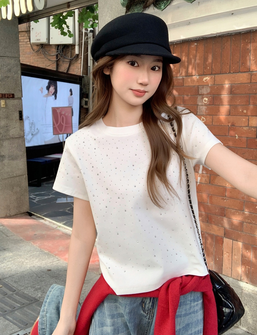 Slim short round neck tops all-match rhinestone T-shirt for women