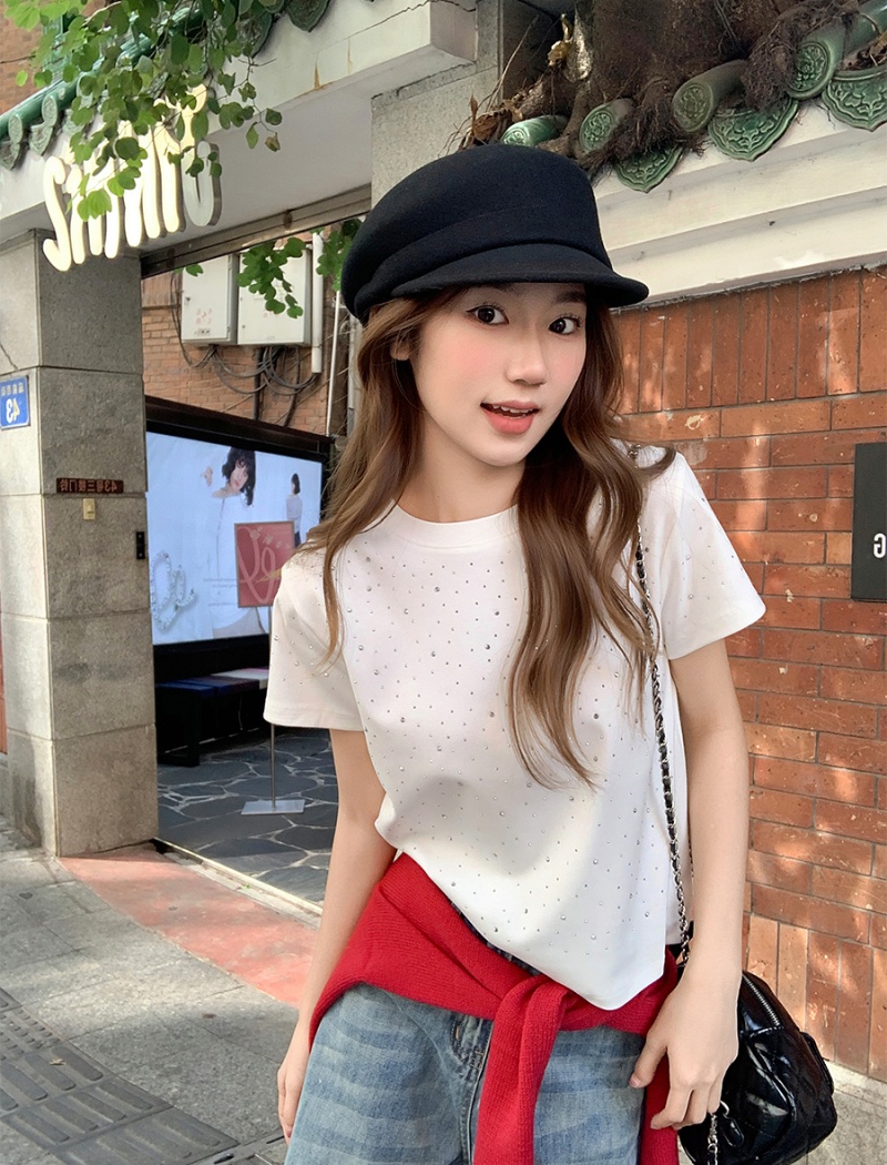 Slim short round neck tops all-match rhinestone T-shirt for women
