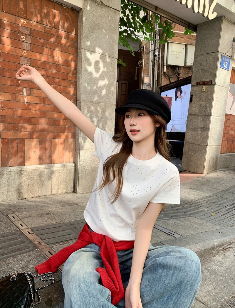 Slim short round neck tops all-match rhinestone T-shirt for women