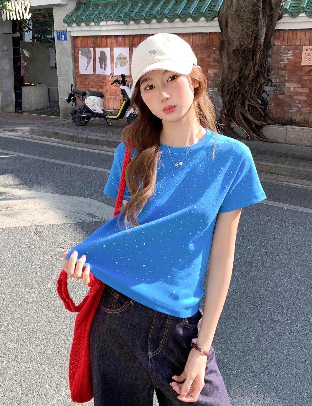 Slim short round neck tops all-match rhinestone T-shirt for women