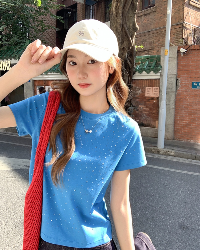 Slim short round neck tops all-match rhinestone T-shirt for women