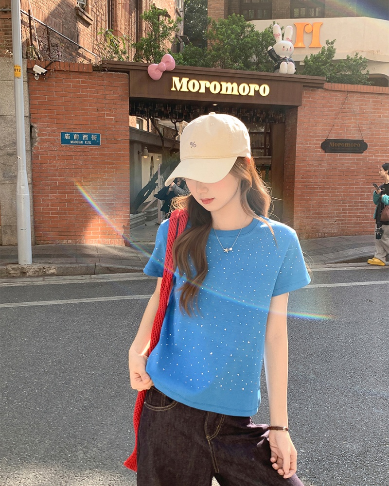 Slim short round neck tops all-match rhinestone T-shirt for women