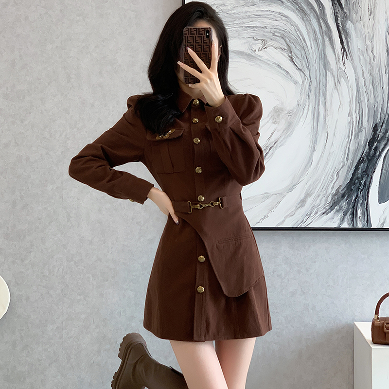 Commuting shirt collar T-back autumn A-line dress