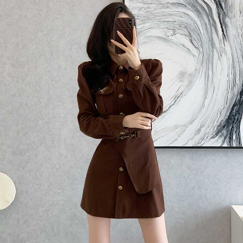 Commuting shirt collar T-back autumn A-line dress