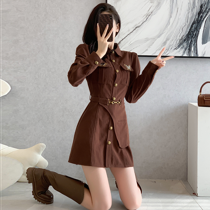 Commuting shirt collar T-back autumn A-line dress