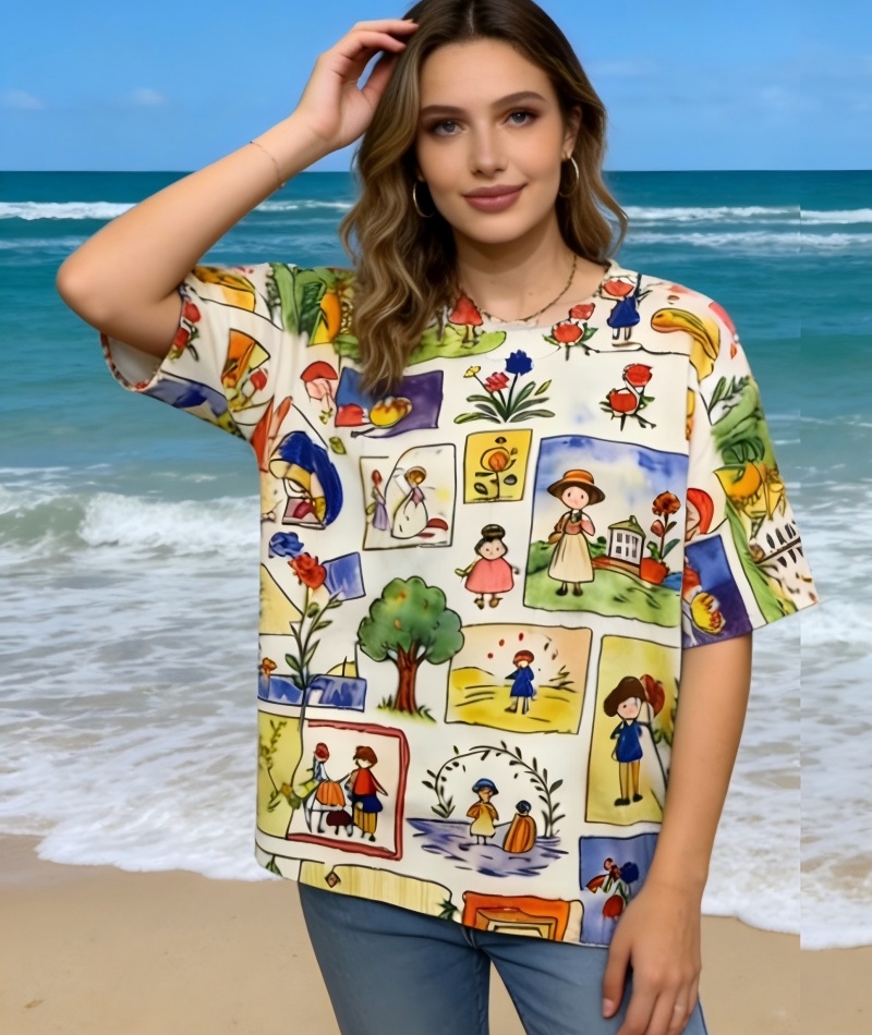 Retro loose European style graffiti T-shirt for women