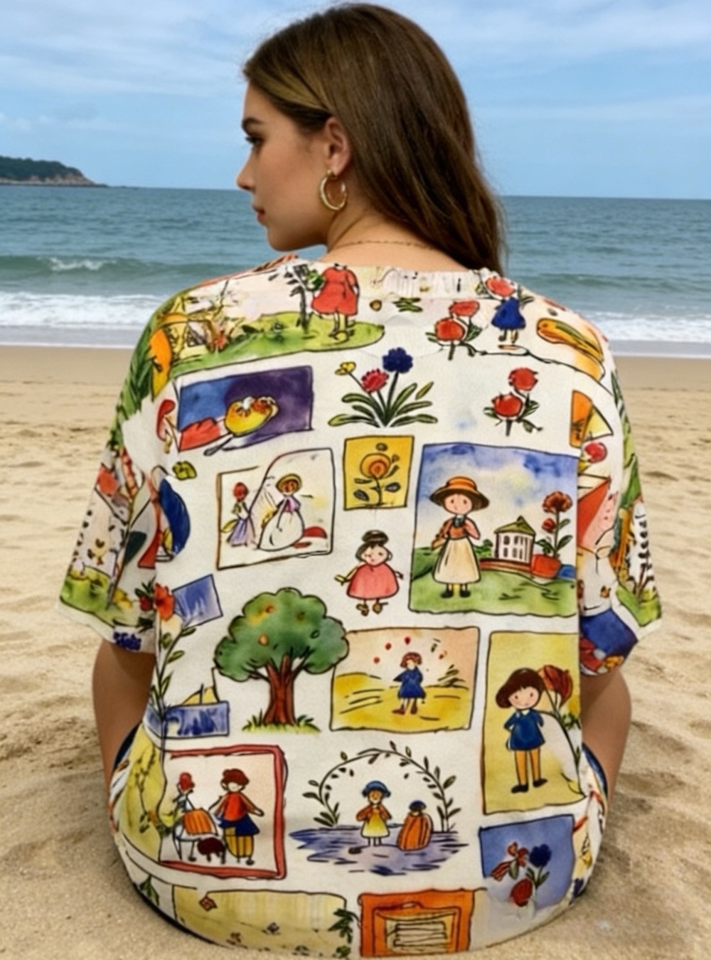 Retro loose European style graffiti T-shirt for women