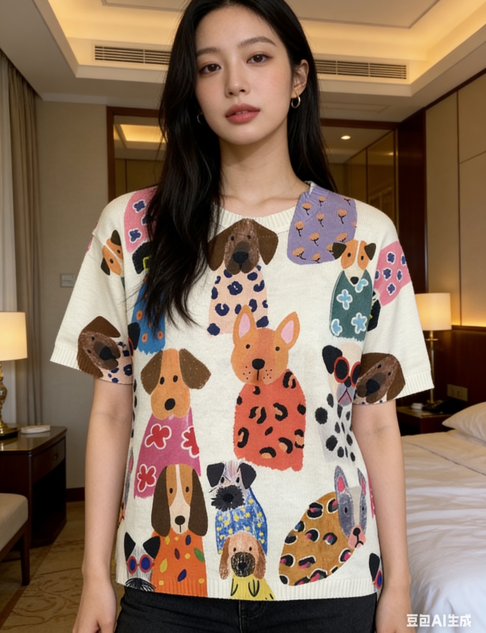 Cotton linen summer retro printing Korean style T-shirt for women