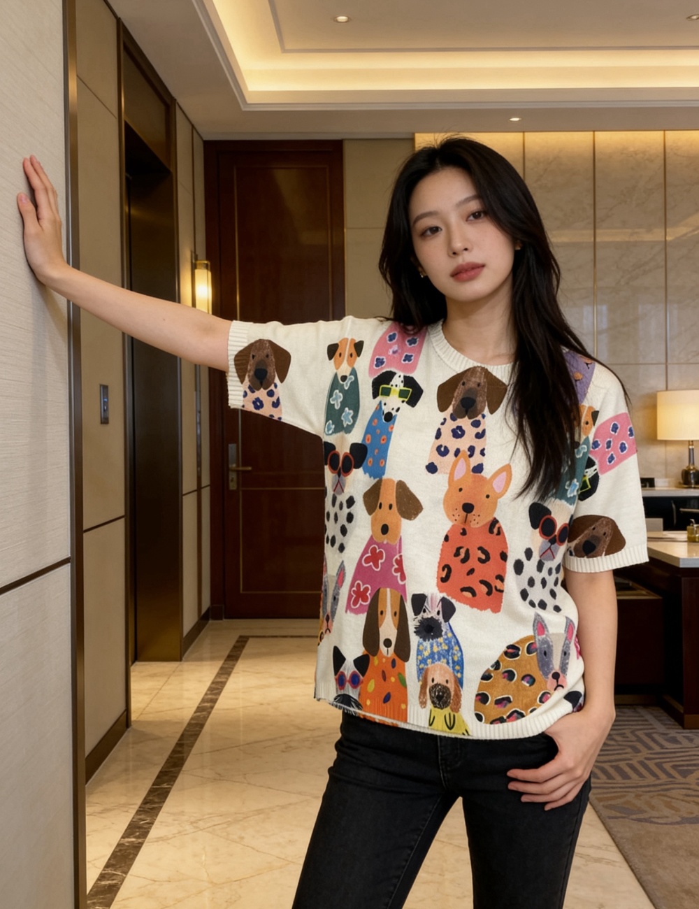Cotton linen summer retro printing Korean style T-shirt for women