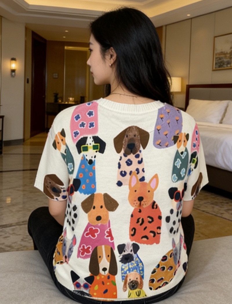 Cotton linen summer retro printing Korean style T-shirt for women