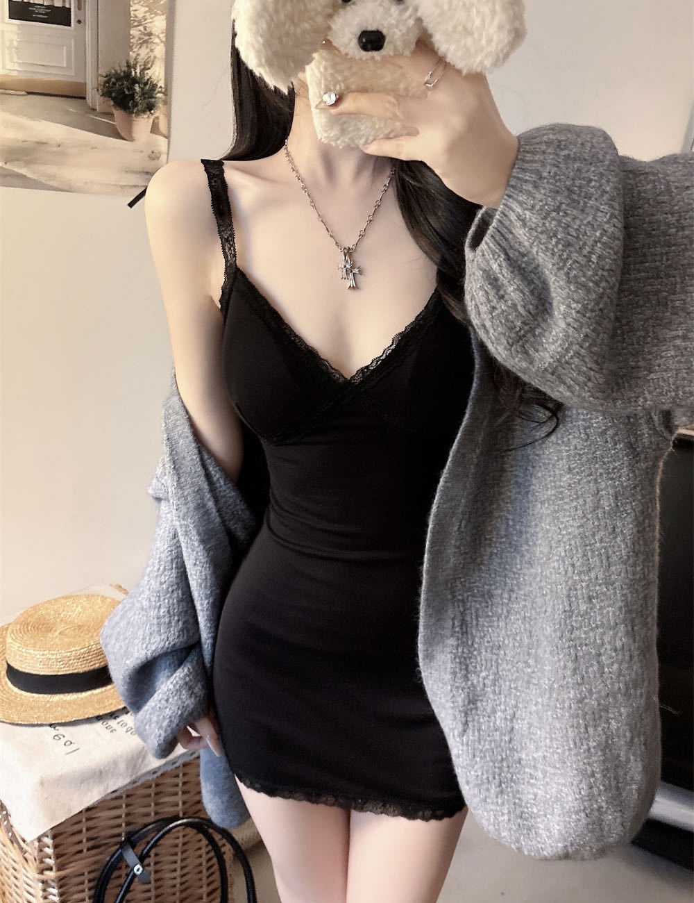 Lace enticement sueding splice long dress for women