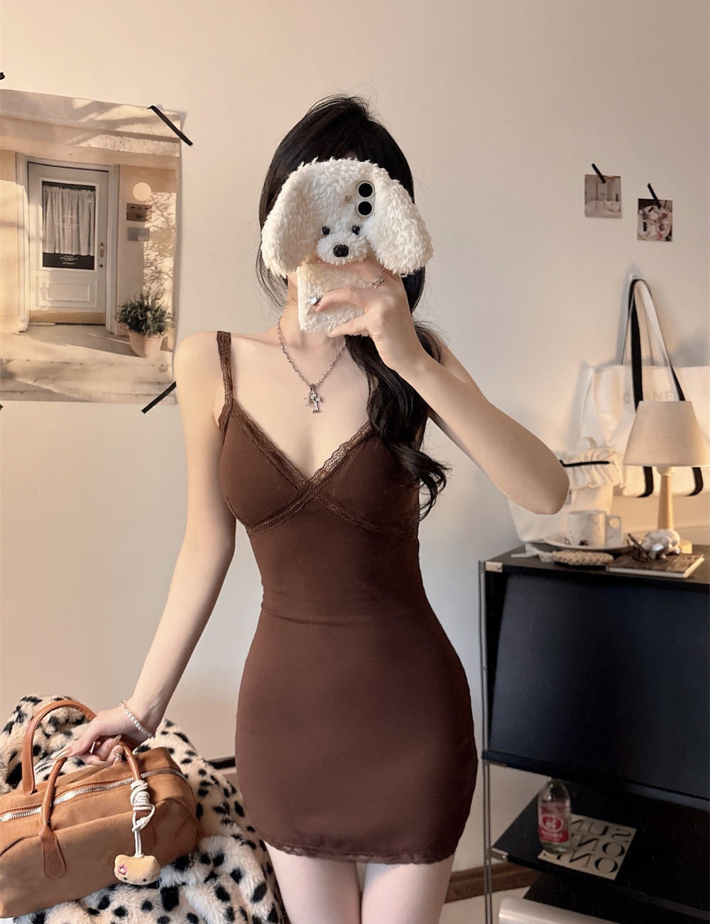 Lace enticement sueding splice long dress for women