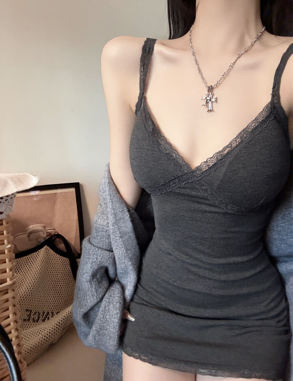 Lace enticement sueding splice long dress for women