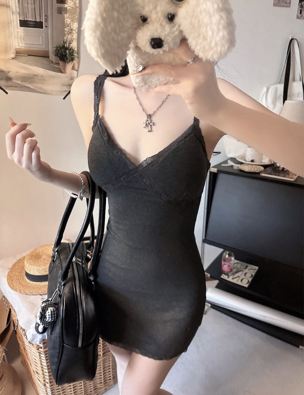 Lace enticement sueding splice long dress for women