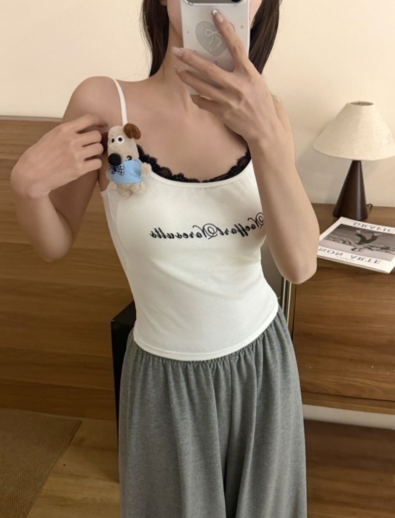 Printing all-match chest lace splice vest for women