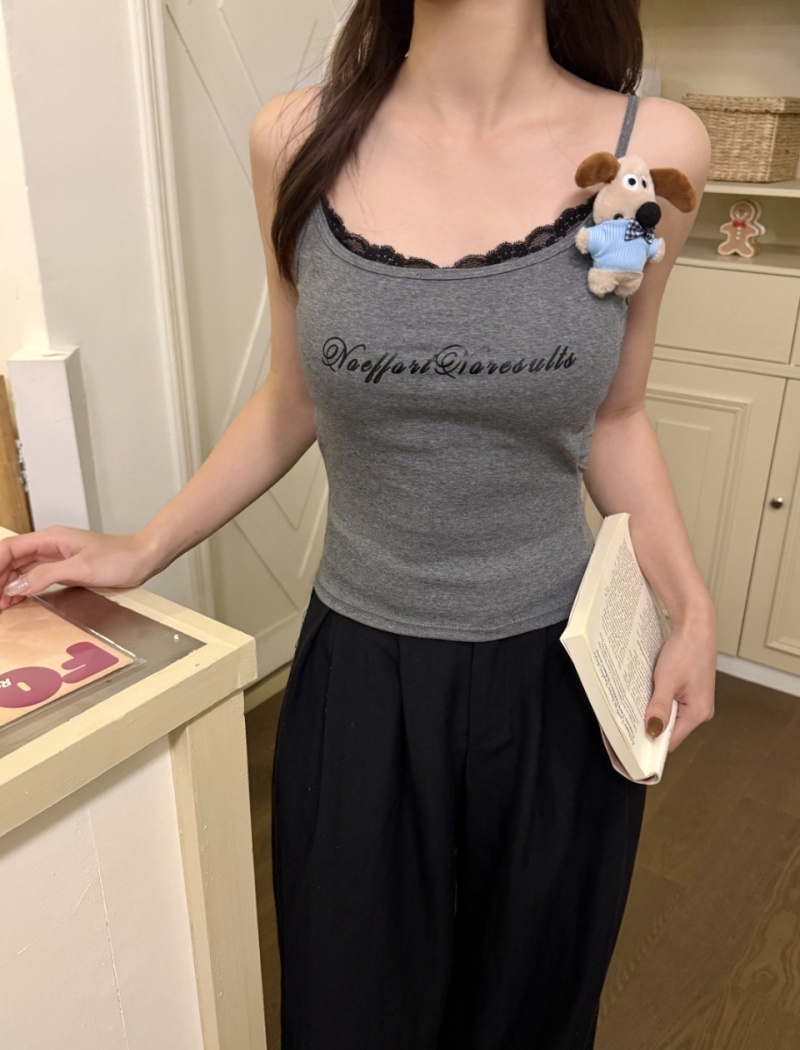 Printing all-match chest lace splice vest for women