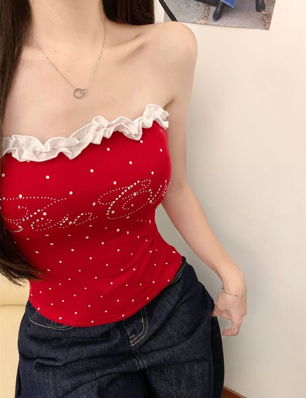 Integrated printing rhinestone with chest pad tops for women