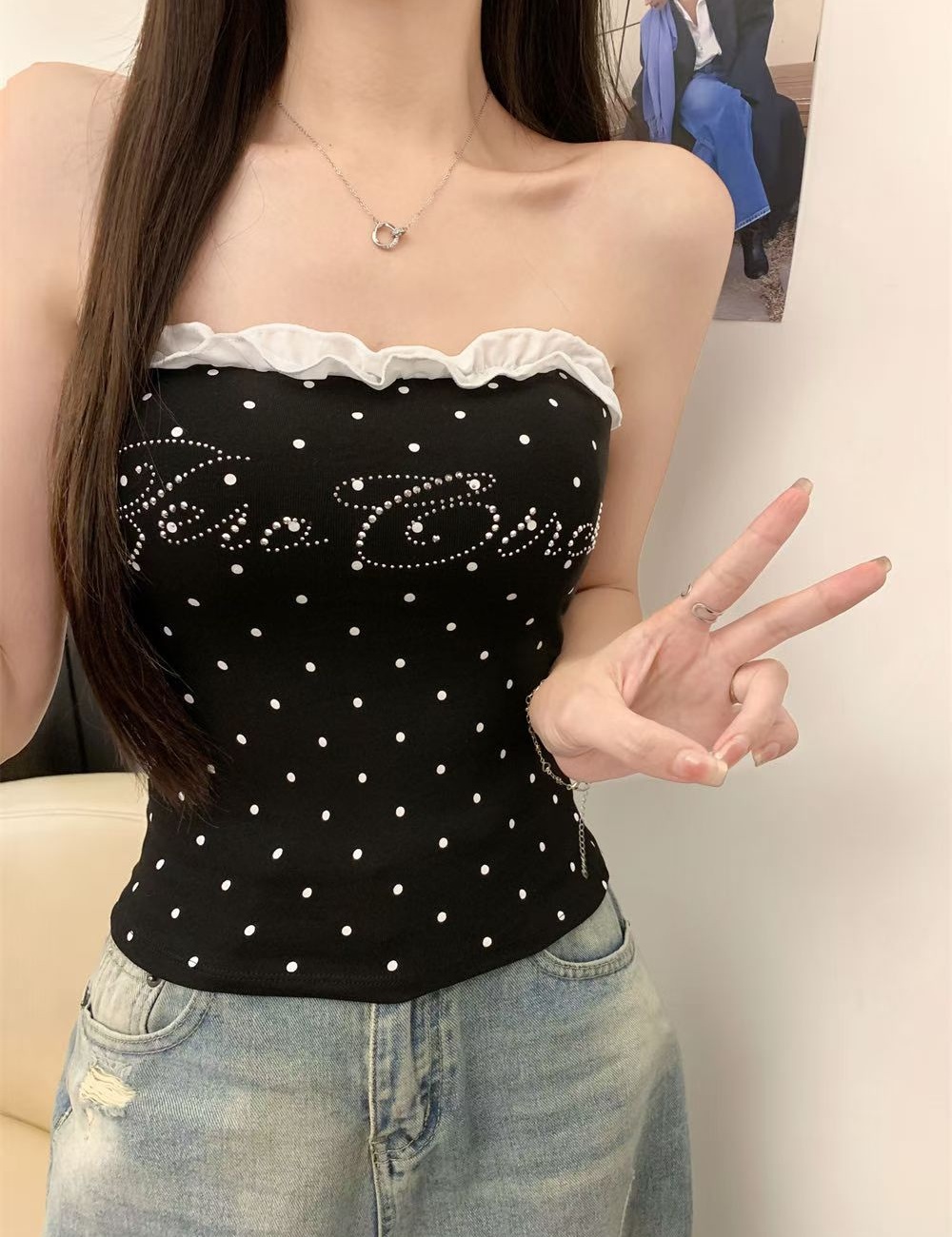 Integrated printing rhinestone with chest pad tops for women