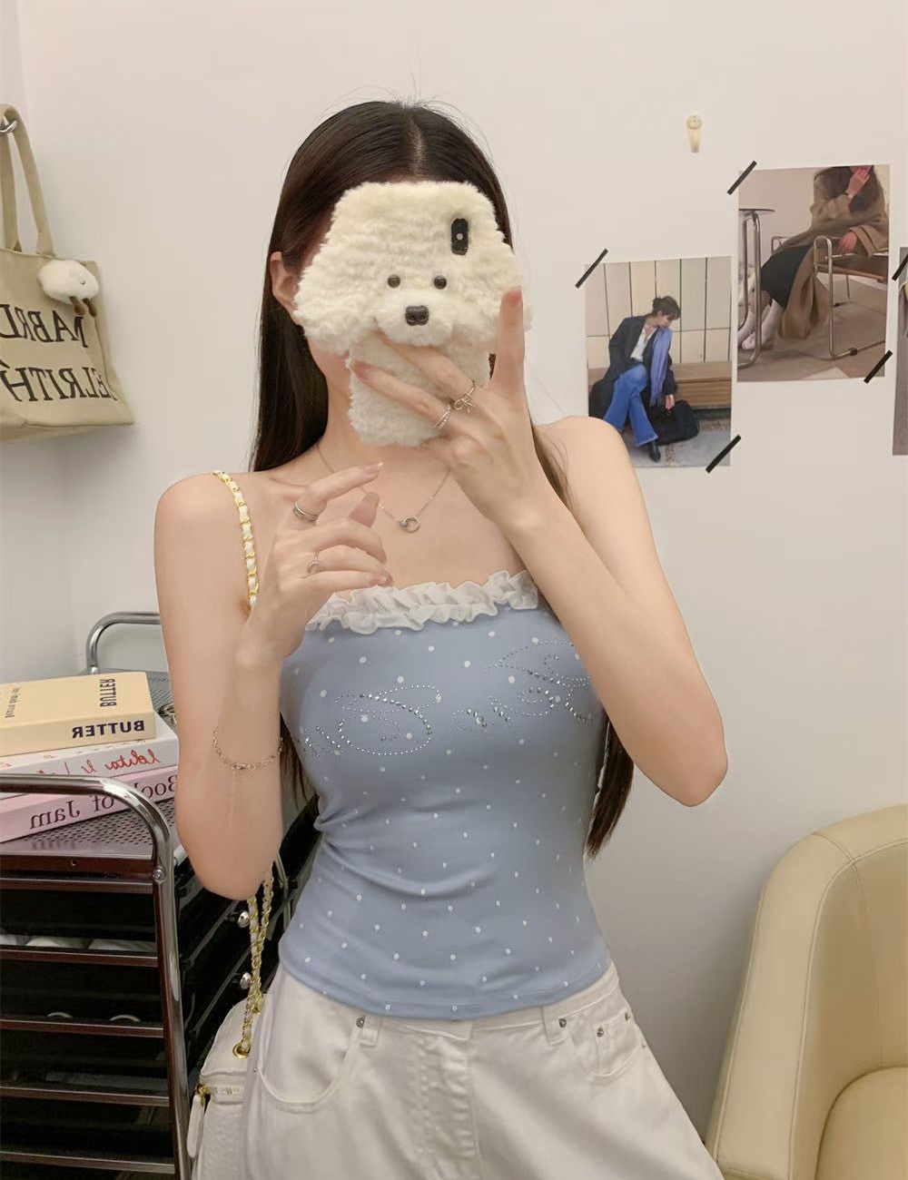 Integrated printing rhinestone with chest pad tops for women