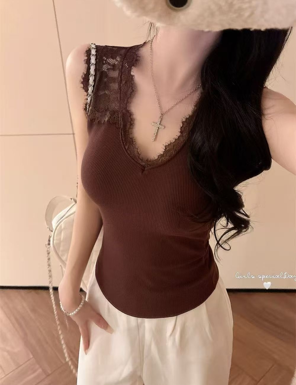 Integrated slim with chest pad lace autumn vest for women