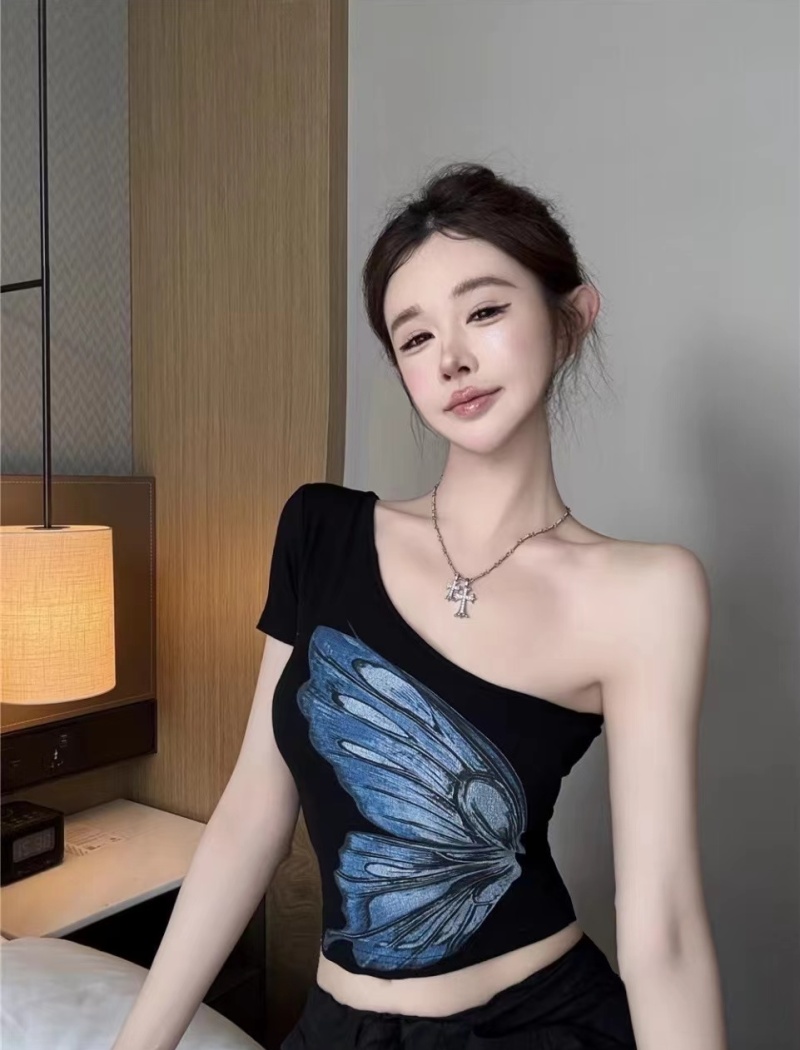 Butterfly short sleeve summer slim short T-shirt for women