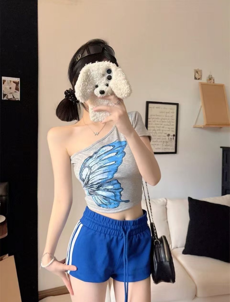 Butterfly short sleeve summer slim short T-shirt for women
