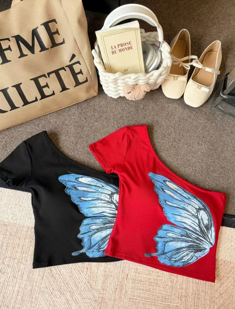 Butterfly short sleeve summer slim short T-shirt for women