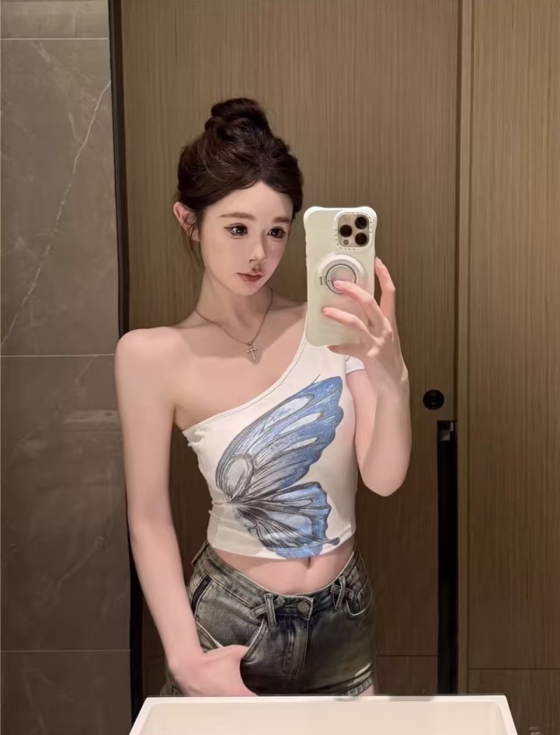 Butterfly short sleeve summer slim short T-shirt for women