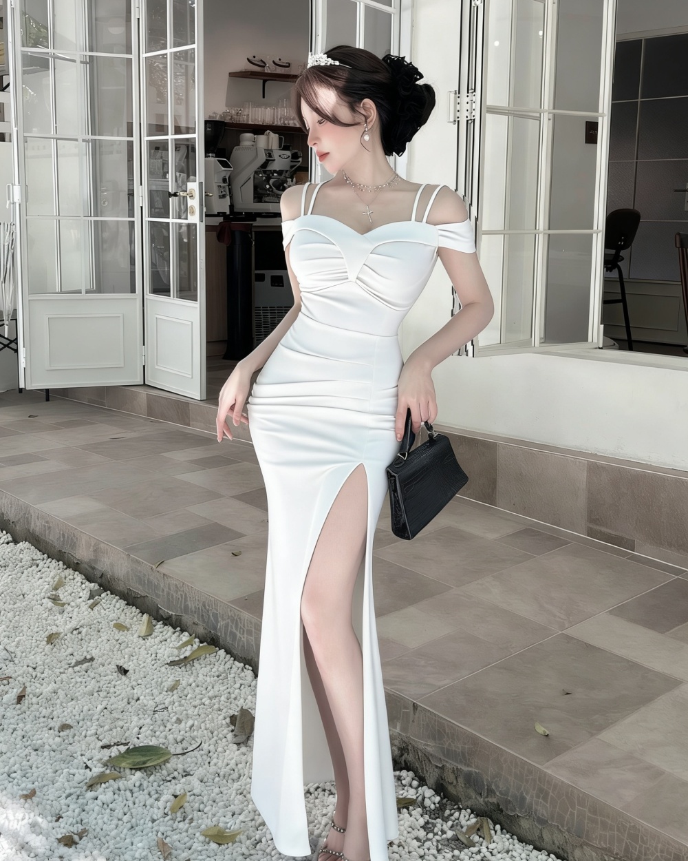 High slit sling dress long low-cut formal dress