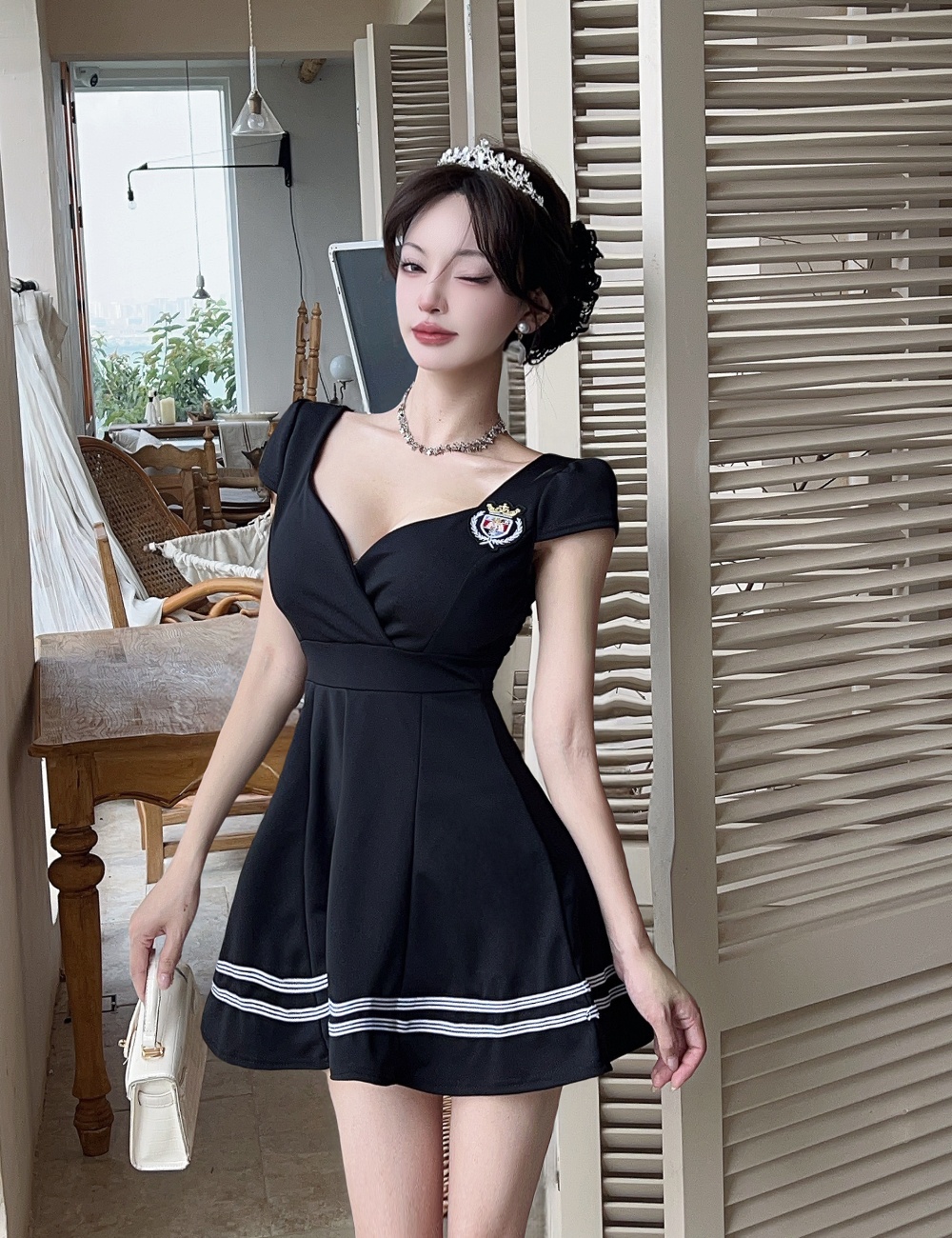 Splice big skirt stripe short sleeve bottoming dress