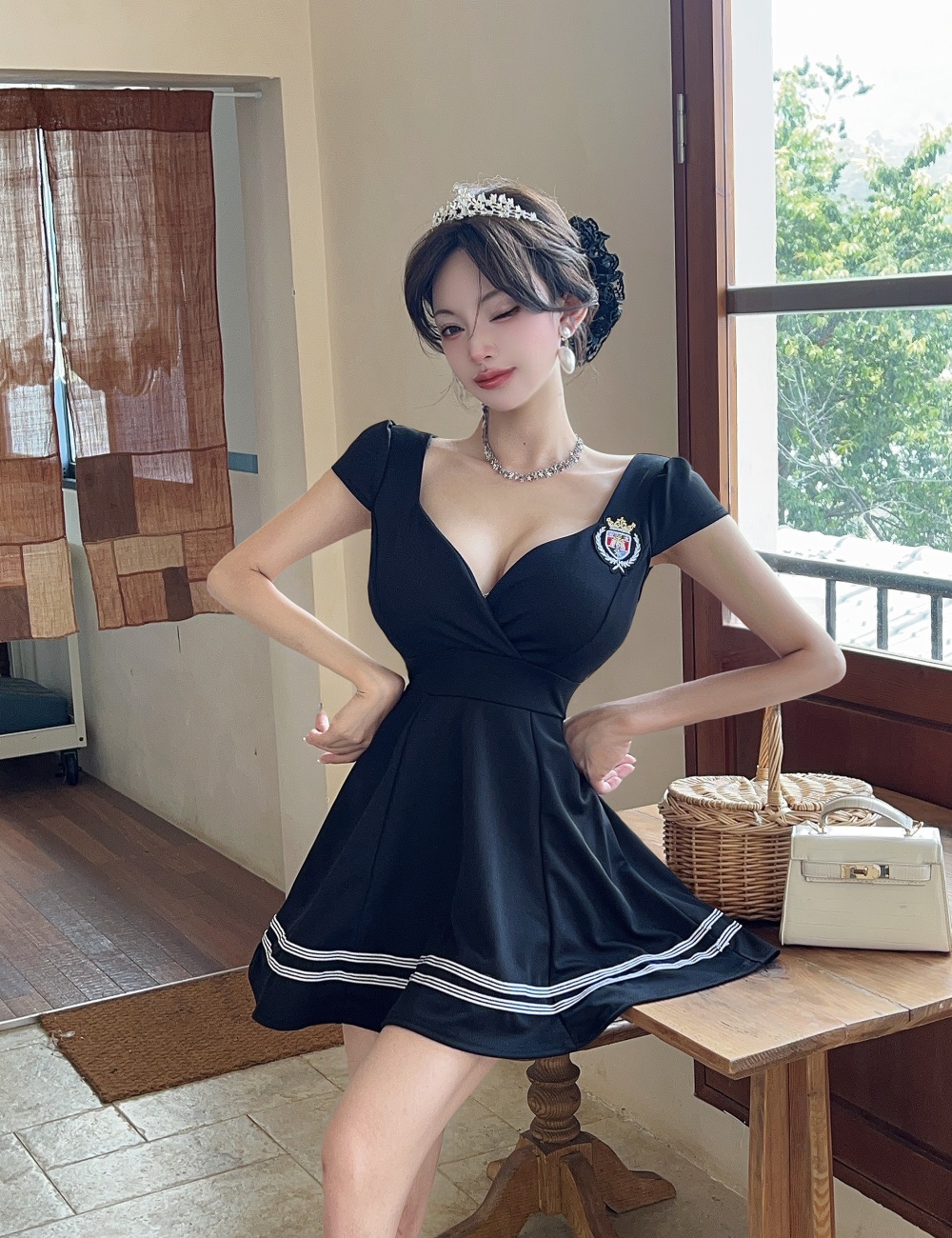 Splice big skirt stripe short sleeve bottoming dress